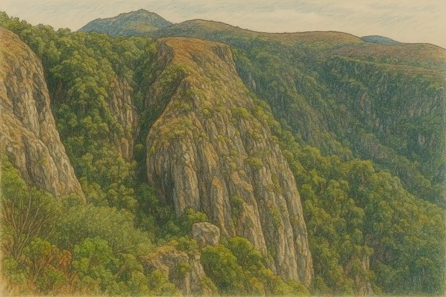 a sketch of a cliffside on the edges of Zomba Plateau in Southern Malawi