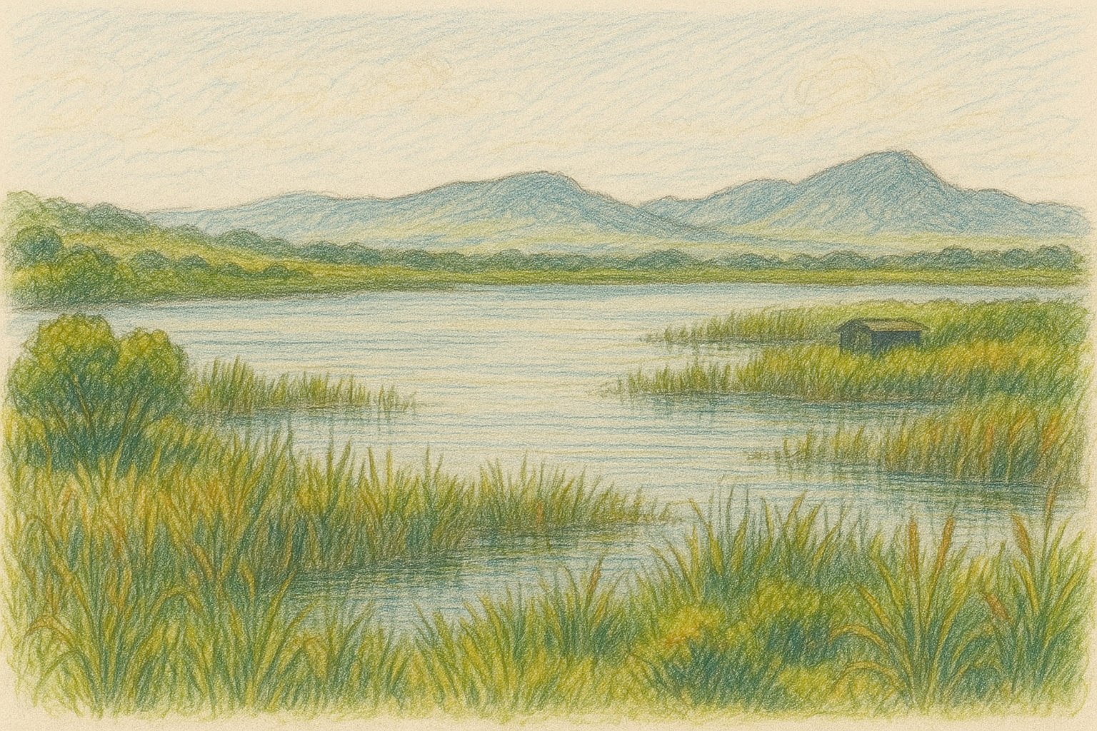 simple sketch of rondevlei nature reserve lake with bird hide